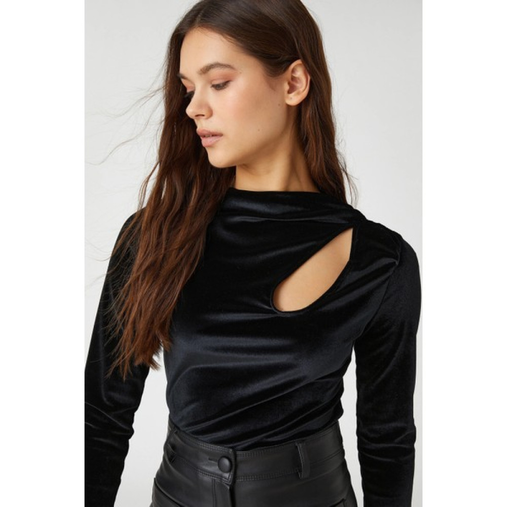 Ares Moda Kadın Siyah Uzun Kollu Tişört Kadife Pencere Detaylı Cut Out Dik Yaka Bluz Bluz Fiyatı