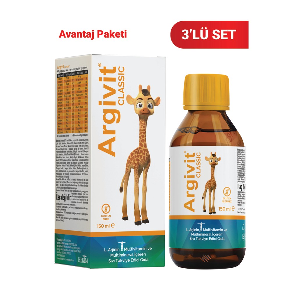 Argivit Classic L-Arjinin, Multivitamin ve Multimineral İçeren Sıvı 150 ml 3'lü Paket - Portakal ve Vanilya Aromalı Diğer Fiyatı