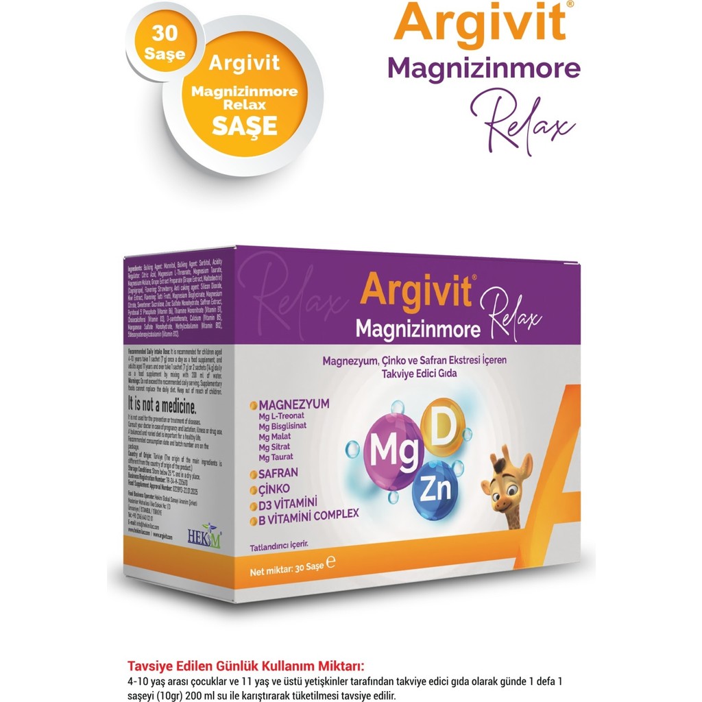 Argivit Magnizinmore Relax Magnezyum, Çinko ve Safran Ekstresi Içeren Takviye Edici Gıda 30 Saşe - Çilek Diğer Fiyatı