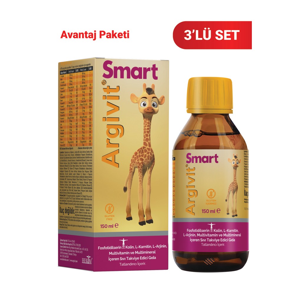 Argivit Smart (Fosfotidilserin, Kolin, L-Karnitin, L-Arjinin, Multivitamin, Multimineral) Şurup 150 ml 3’lü Paket - Portakal ve Vanilya Aromalı Diğer Fiyatı