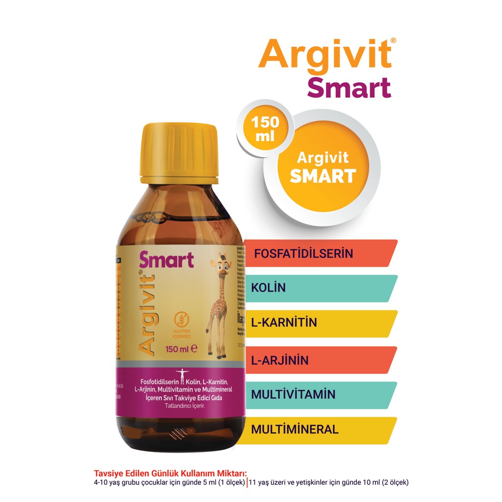 Argivit Smart (Fosfotidilserin, Kolin, L-Karnitin, L-Arjinin, Multivitamin, Multimineral) Şurup 150 ml - Portakal ve Vanilya Aromalı Diğer Fiyatı
