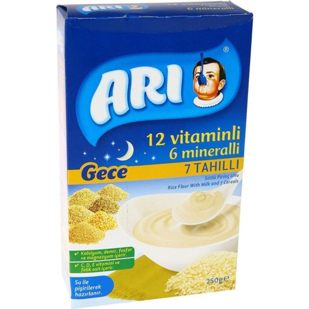 Arı Mama 12 Vitaminli 6 Mineralli Sütlü 7 Tahıllı Pirinçli Gece 250 gr - Hediyesiz Bebek Mamaları Fiyatı