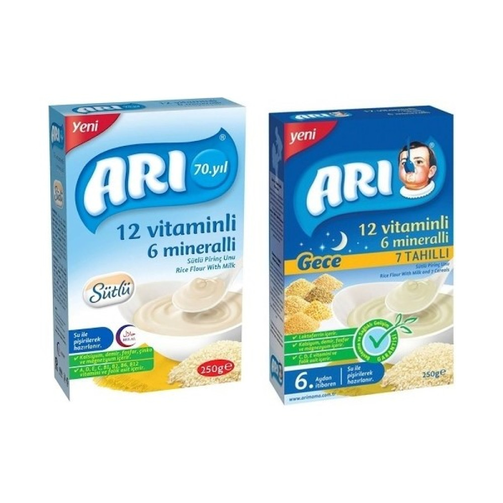 Arı Mama 12 Vitaminli 6 Mineralli Sütlü 7 Tahıllı Pirinçli Gece +Sütlü Pirinçli 250 gr - Hediyesiz Bebek Mamaları Fiyatı