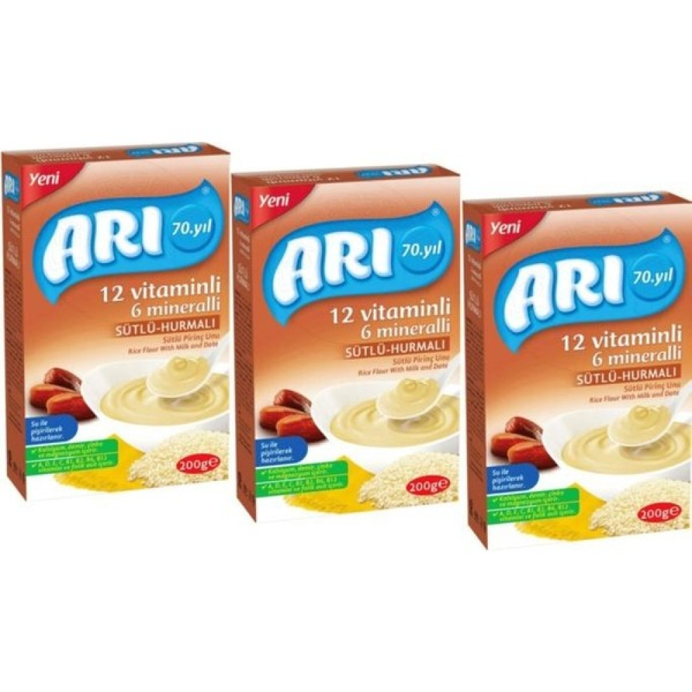 Arı Mama 12 Vitaminli 6 Mineralli Sütlü Hurmalı Pirinç Unu 200 gr - 3 Adet - Hediyesiz Bebek Mamaları Fiyatı