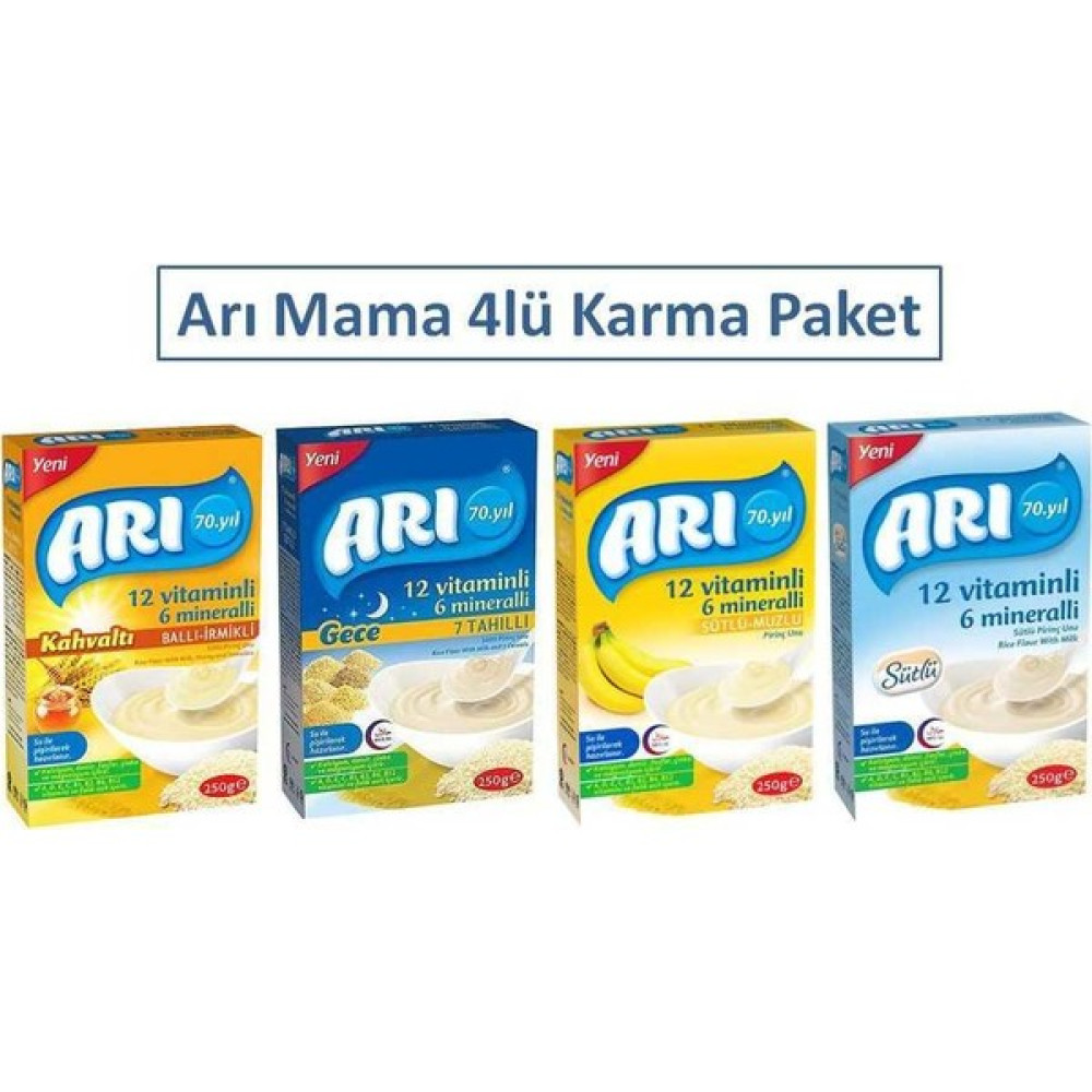Arı Mama 250 gr 4lü Karma Paket - Ballı Irmikli + Sütlü + Muzlu + 7 Tahıllı Gece Bebek Mamaları Fiyatı