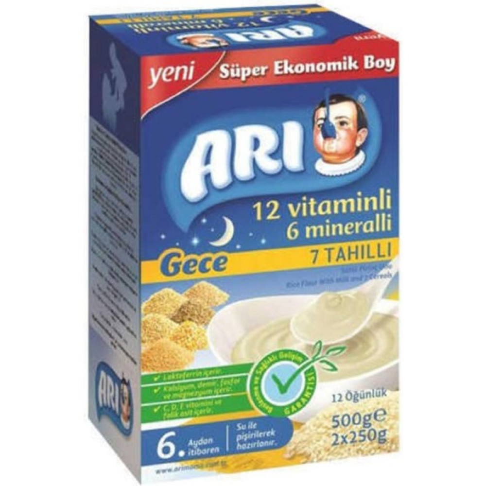 Arı Mama Gece 12 Vitaminli 6 Mineralli Sütlü 7 Tahıllı Pirinç Unu 500 gr - Hediyesiz Bebek Mamaları Fiyatı