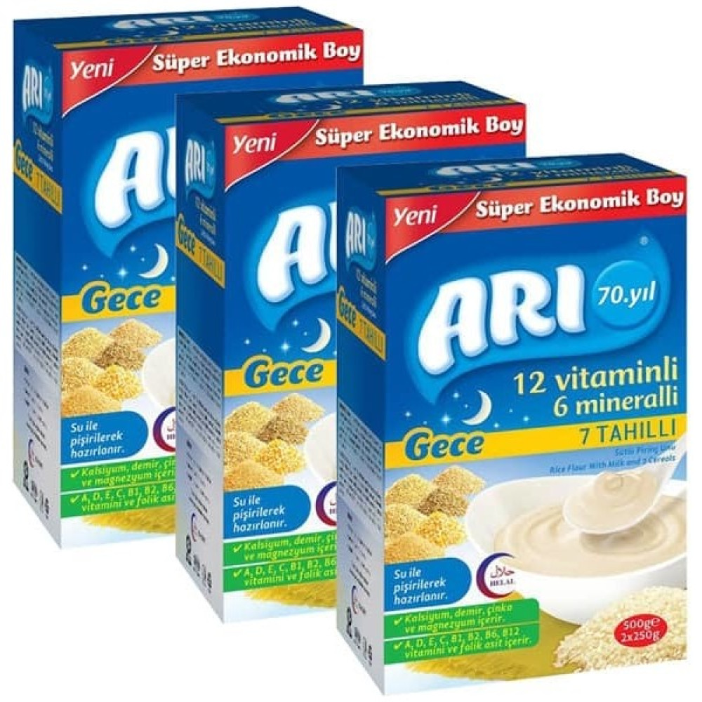 Arı Mama Sütlü 7 Tahıllı Gece Sütlü Pirinç Unu 500 gr x 3 Adet Bebek Mamaları Fiyatı