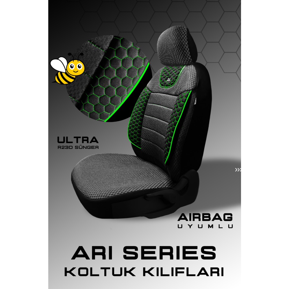 ARI Serisi Siyah Yeşil Modüler Oto Koltuk Kılıfı Seti - Uyum ve Dayanı