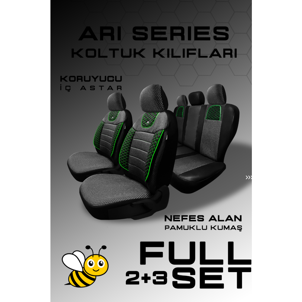 ARI Serisi Siyah Yeşil Modüler Oto Koltuk Kılıfı Seti - Uyum ve Dayanı