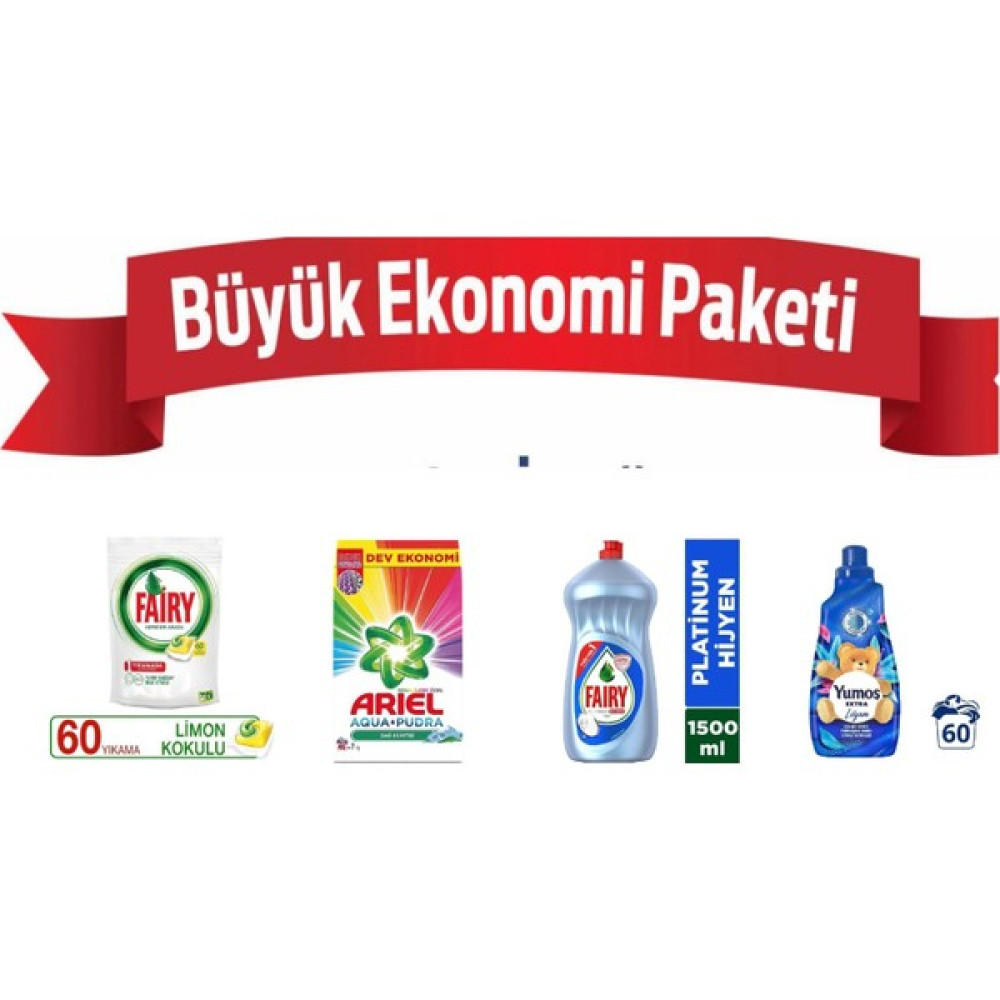 Ariel Ekonomik Paket; Ariel Toz Çamaşır Deterjanı Renkliler Için 7 Kg, Fairy Bulaşık Tableti Hepsi Bir Arada 60'lı,fairy Sıvı Bulaşık Deterjanı Li... Çamaşır Deterjanı Fiyatı