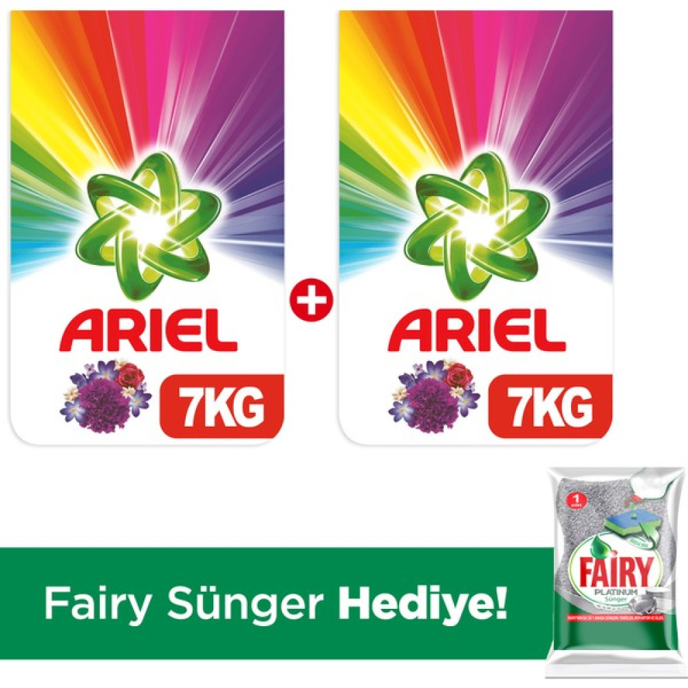 Ariel Toz Çamaşır Deterjanı Mor Çiçekler 7 kg +7 kg + Fairy Platinum Sünger Hediye - 14 kg Çamaşır Deterjanı Fiyatı