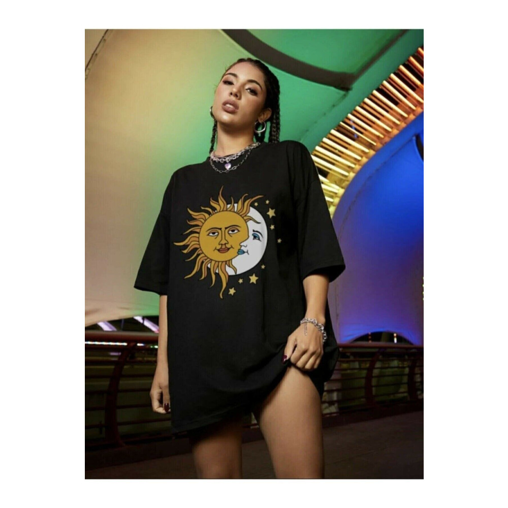 arıkoğlu kumaşçılık Kadın Siyah Güneş Ay Baskılı Oversize Penye T-shirt Tişört S Beden Bayan T-shirt Fiyatı