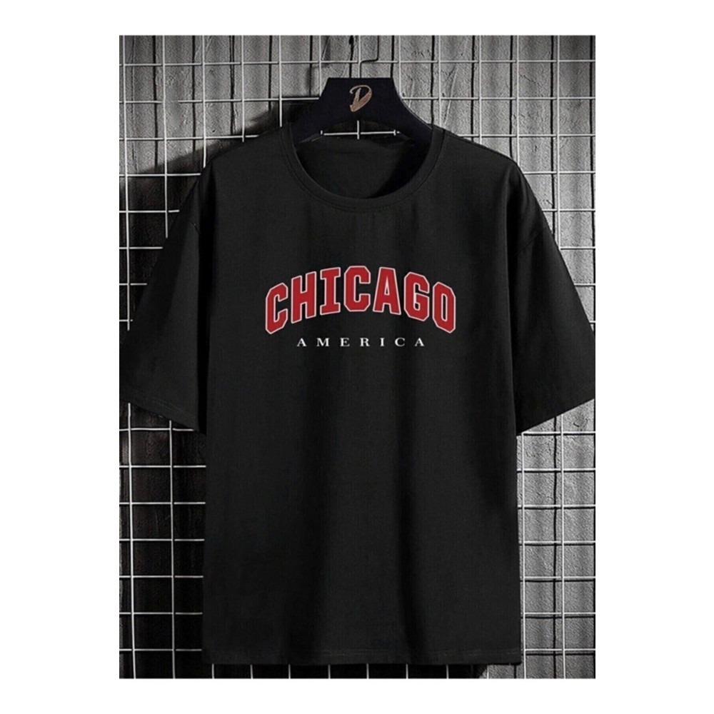 arıkoğlu kumaşçılık Siyah Chicago Baskılı Oversize Penye T-shirt Tişört M Beden Bayan T-shirt Fiyatı
