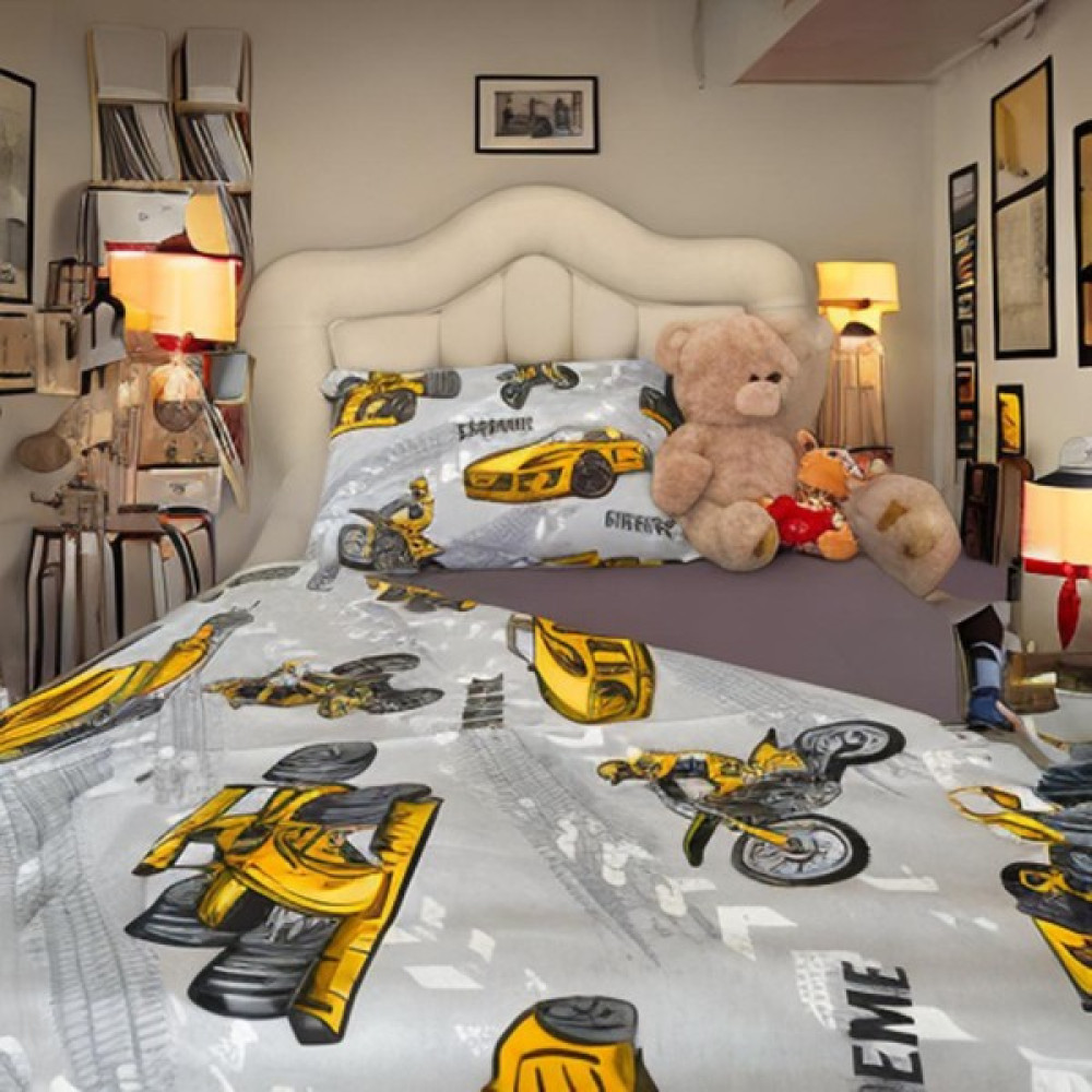 Arkelite Home Erkek Çocuk Sarı Arabalı Motorlu 4 Parça Pamuklu Tek Kişilik Nevresim Takımı - Gri - 160 x 220 cm Nevresim Takımı Fiyatı