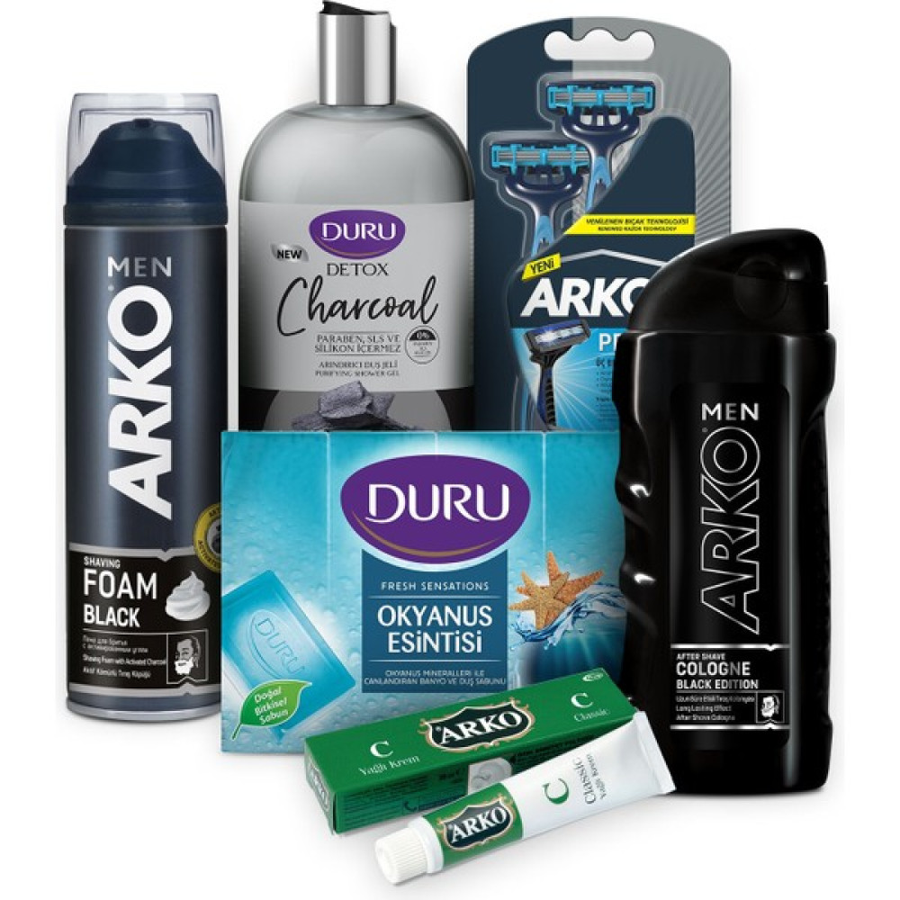 Arko Men & Duru Erkek Bakım Seti 200 ml Black Tıraş Köpüğü ve 200 ml Tıraş Kolonyası ve T3 3 Adet Tıraş Bıçağı ve 20CC Krem ve 500 ml Duş Jeli ve 6... Tıraş Jelleri / Köpükleri / Kremleri Fiyatı
