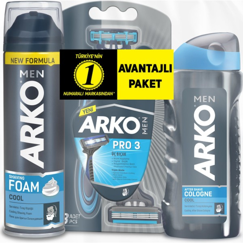 Arko Men T3 Pro 3 Bıçaklı Tıraş Bıçağı 3'lü & Cool Tıraş Köpüğü 200 ml & Cool Tıraş Kolonyası 250 ml Süper Fırsat Paketi Tıraş Makineleri Fiyatı