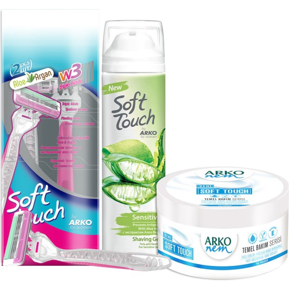 Arko Soft Touch Kadın Tıraş Bıçağı 2'li + Sensitive Kadın Tıraş Jeli 200 ml + Soft Touch Krem 250 ml Ağda Ürünleri ve Makineleri Fiyatı