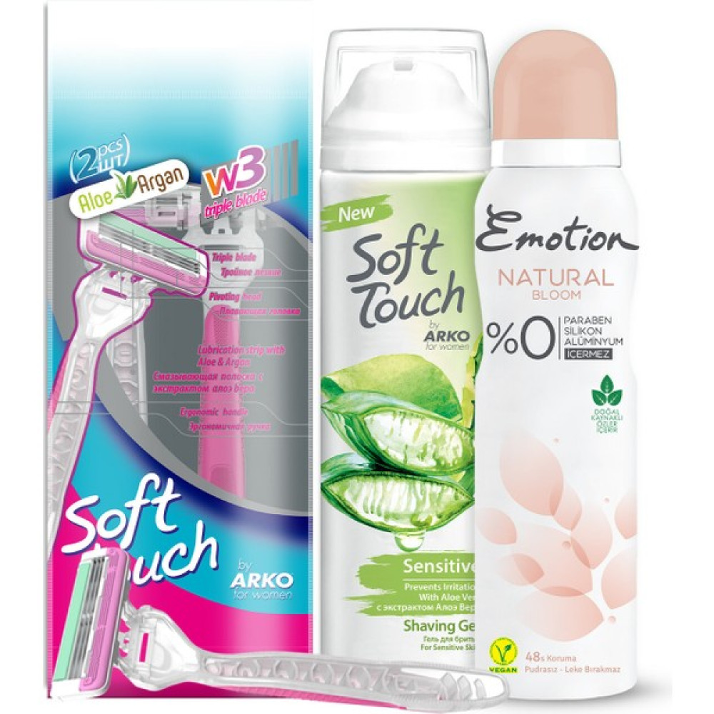 Arko Soft Touch Kadın Tıraş Bıçağı 2'li + Sensitive Tıraş Jeli 200ML + Natural Bloom Deodorant 150ML Ağda Ürünleri ve Makineleri Fiyatı