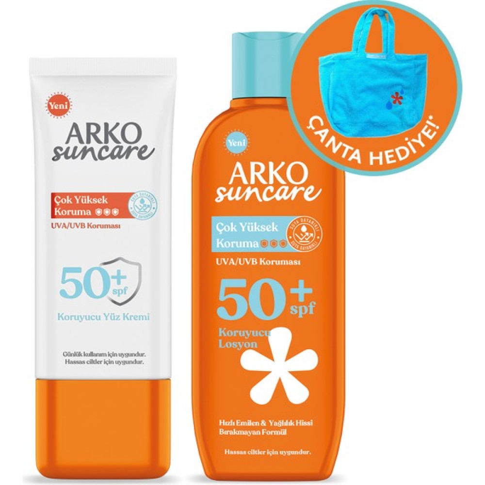 Arko Suncare SPF50+ Vücut Güneş Losyonu 200 ml & SPF50+ Yüz Güneş Kremi 50 ml Çanta Hediyeli Ikili Yaz Seti Güneş Kremleri ve Losyonları Fiyatı