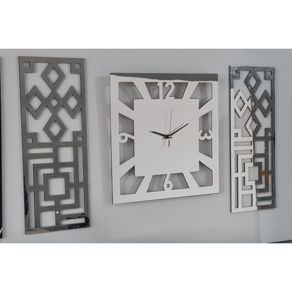 Arlesia Modern & Şık Tasarım Mdf Üzeri Gümüş Renk Aynalı Pleksi 3lü Duvar Saat Seti Dekoratif Saat Fiyatı