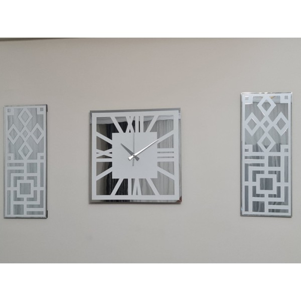 Arlesia Roma Rakamlı Modern & Şık Tasarım 4mm Beyaz Mdf Üzeri Gümüş Renk Çerçeveli Aynalı Pleksi 3lü Duvar Saat Seti Dekoratif Saat Fiyatı