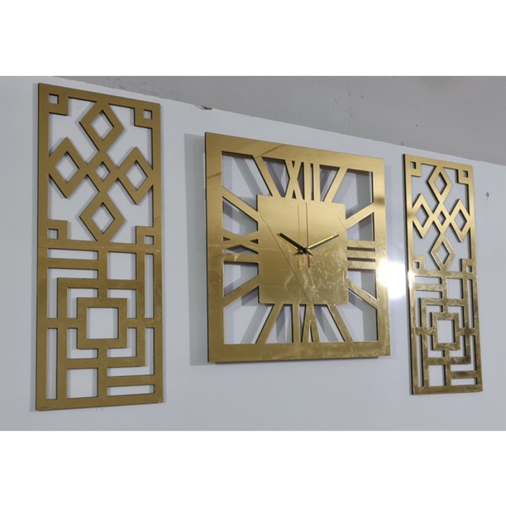 Arlesia Roma Rakamlı Modern & Şık Tasarım Mdf Üzeri Gold Renk Aynalı Pleksi 3lü Duvar Saat Seti Dekoratif Saat Fiyatı