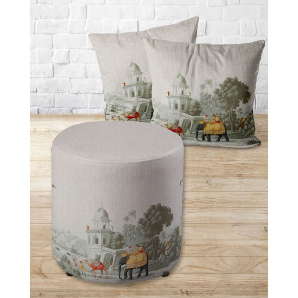 Armi Puf Hindistan Sabahı Desenli Yuvarlak Puf +2 Kırlent KILIFI-EP09-47 - Çap 40x40 cm - Bej - Krem Puf Fiyatı