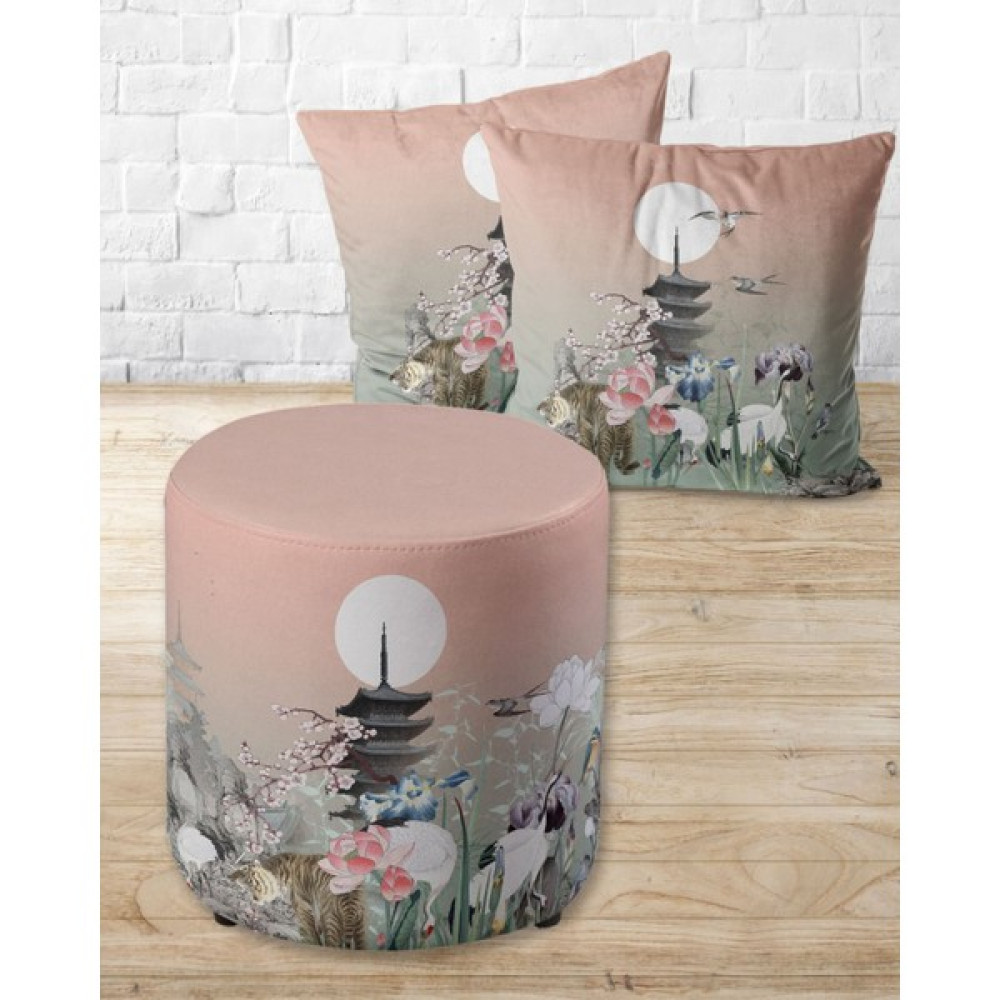 Armi Puf Japon Bahçesi Desenli Yuvarlak Puf +2 Kırlent KILIFI-EP09-35 - Çap 40x40 cm - Pembe Puf Fiyatı