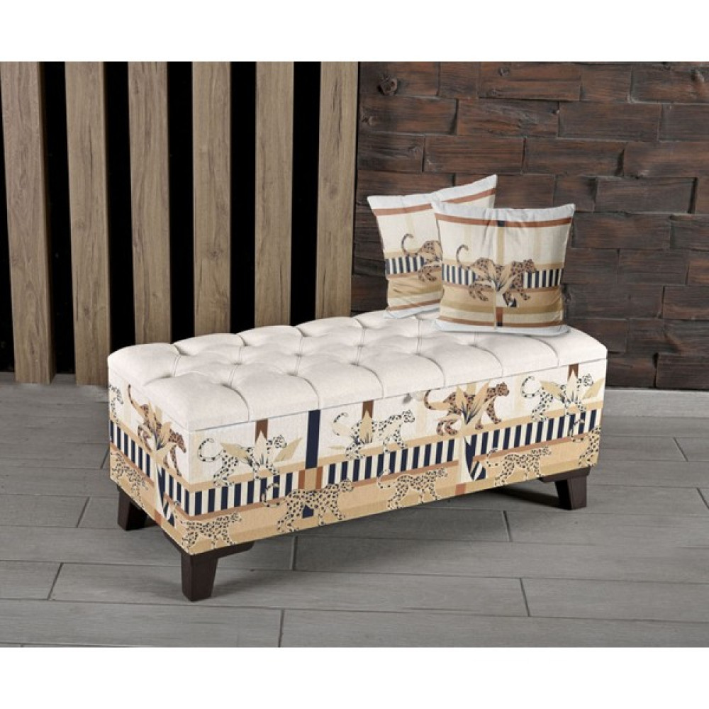 Armi Puf Krem Zeminli Leopar Desenli Sandıklı Puf +2 Kırlent - 100x42x45 - Bej - Krem Puf Fiyatı