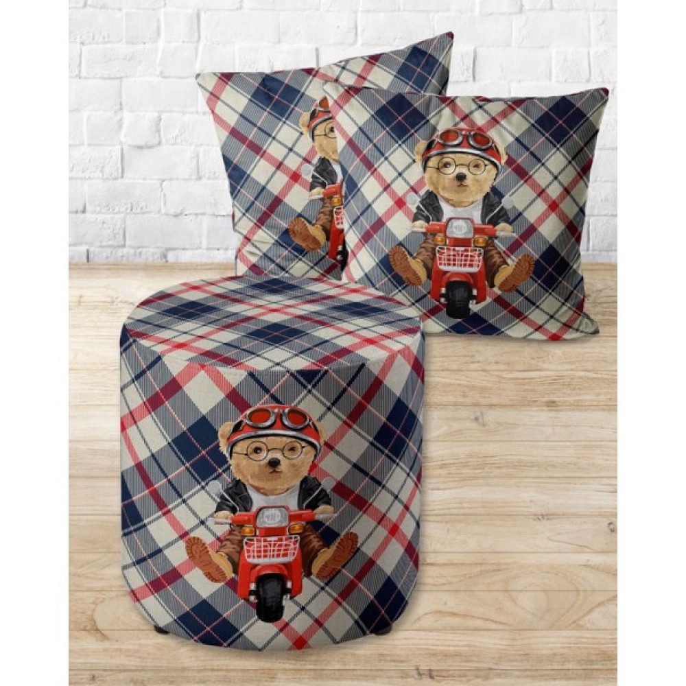 Armi Puf Motorcu Teddy Desenli Ekose Yuvarlak Puf +2 Kırlent KILIFI-EP09-91 - Çap 40x40 cm - Lacivert Çizgili Puf Fiyatı