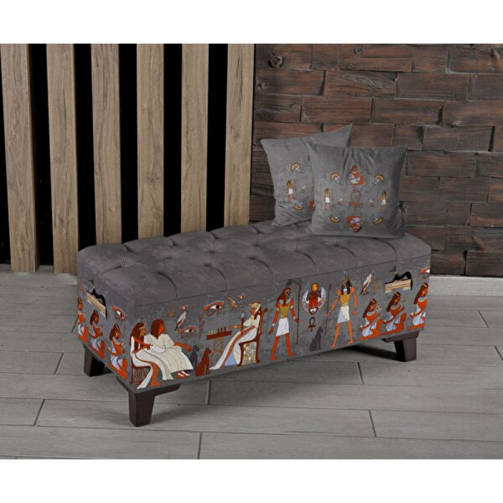 Armi Puf Ramses Desenli Sandıklı Puf +2 Kırlent - 100x42x45 - Antrasit - Gri Puf Fiyatı