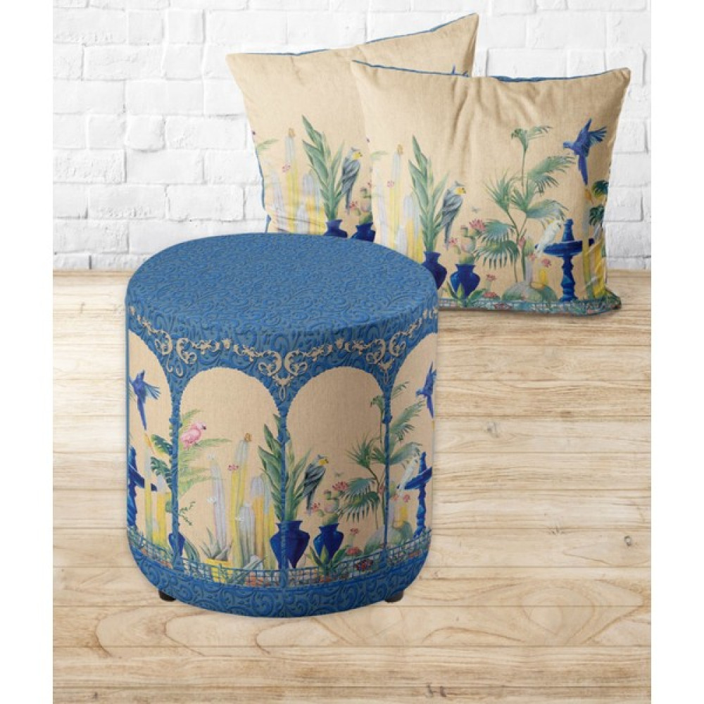 Armi Puf Saray Bahçesi Desenli Yuvarlak Puf +2 Kırlent KILIFI-EP09-57 - Çap 40x40 cm - Mavi Puf Fiyatı