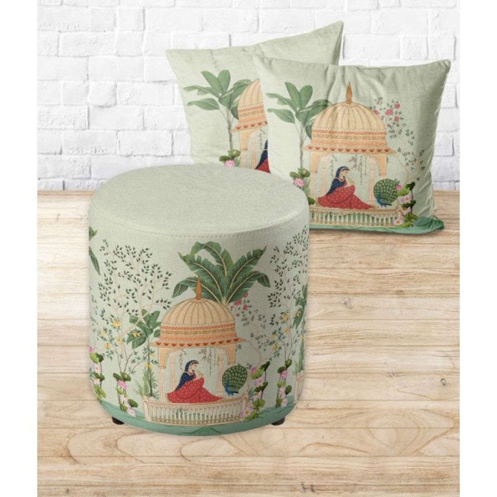 Armi Puf Seyru Sefa Desenli Yuvarlak Puf +2 Kırlent KILIFI-EP09-54 - Çap 40x40 cm - Açık Yeşil Puf Fiyatı