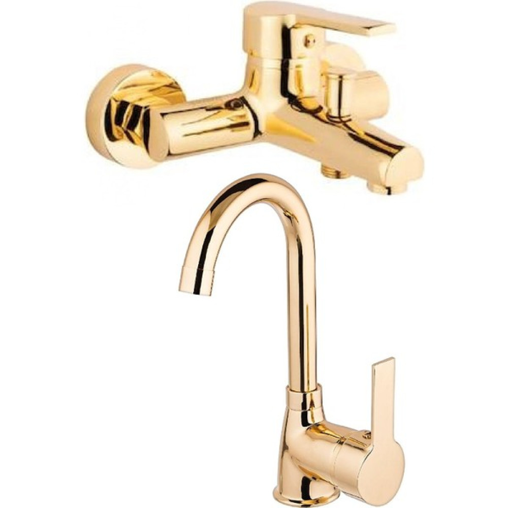 Armilla Armatür 2’li Set Kaliteli Gold Renk Lüx Gövde Banyo ve Banyo Lavabo Musluğu Bataryası Gold Delta 2 Set Duş Seti Fiyatı