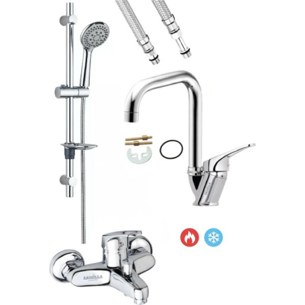 Armilla Armatür Eko Sürgülü Duş Seti Banyo Bataryası ve Köşe Borulu Banyo Lavabo Bataryası Musluğu Sıcak Soğuk Çift Su Girişli Duş Seti Fiyatı
