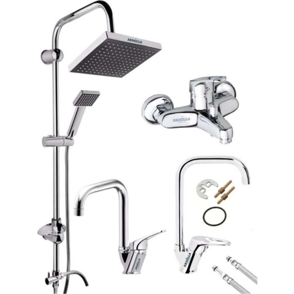 Armilla Armatür Köşe Boru 4’lü Set Robot Yağmurlama Tepe Duş Seti - Banyo - Lavabo - Mutfak Eviye Musluğu Bataryası Çift Su Girişli Sıcak Soğuk Duş Seti Fiyatı