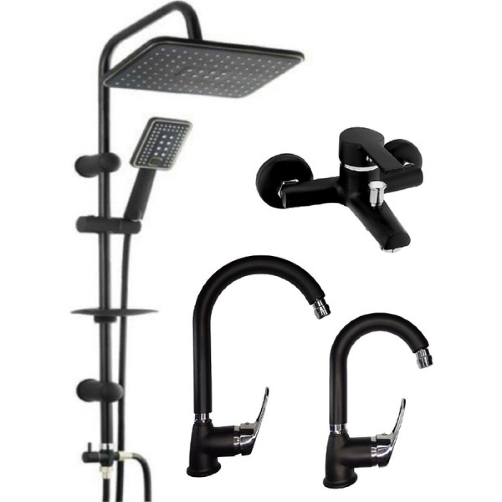 Armilla Armatür Siyah Krom 4’lü Full Set Robot Duş Banyo Bataryası Banyo Lavabo ve Mutfak Eviye Musluğu Bataryası Siyah Krom Lüx Tasarım Duş Seti Fiyatı