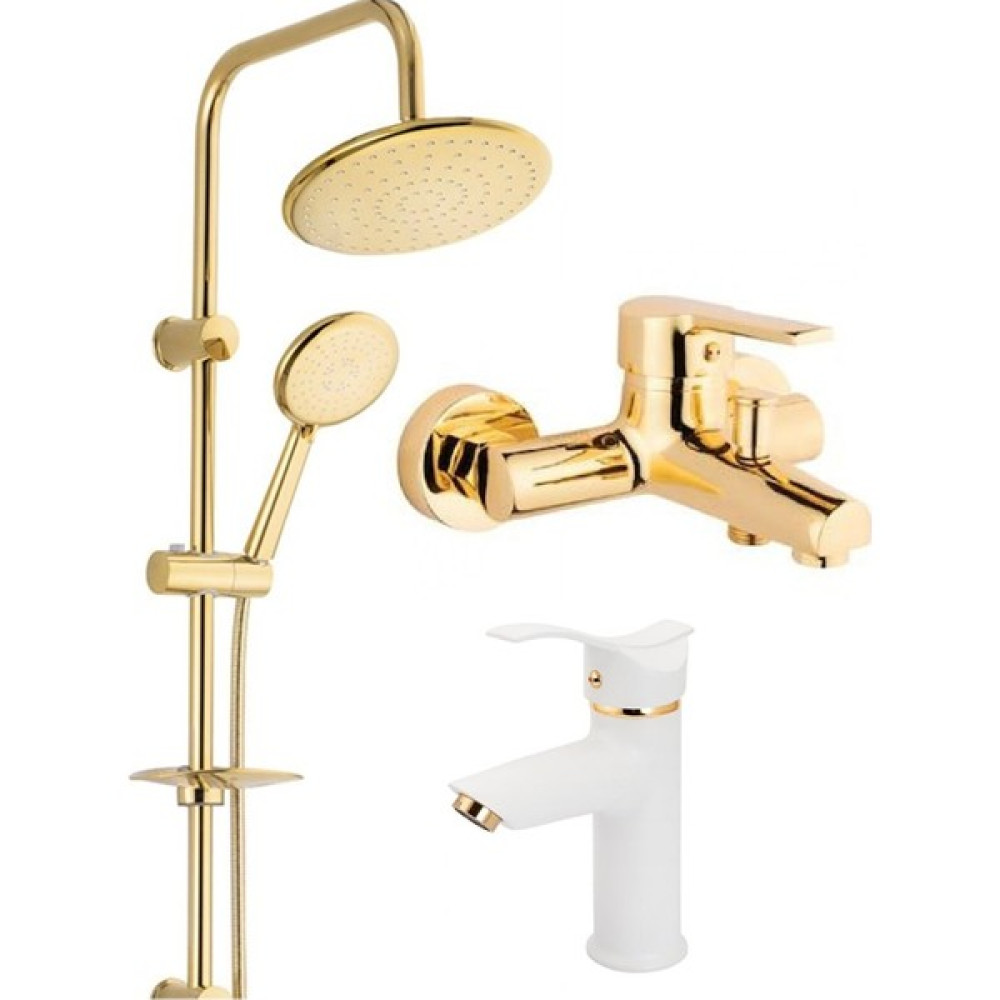 Armilla Armatür Yuvarlak Gold Robot Duş Sistemi Banyo Batarya ve Beyaz Gold Kartal Lavabo Bataryası Musluğu 3’lü Set Gold Yvrk Byz Duş Seti Fiyatı