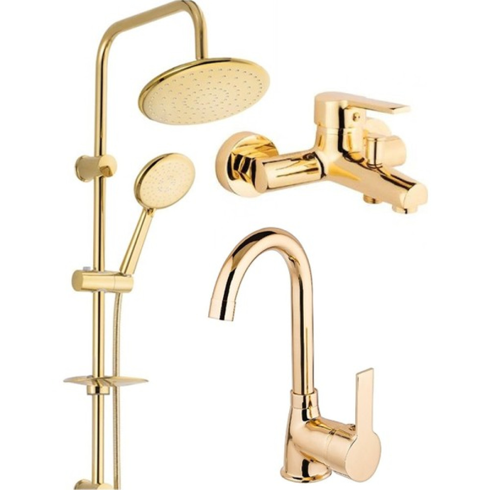 Armilla Armatür Yuvarlak Gold Robot Duş Sistemi Banyo Bataryası ve Lavabo Bataryası Musluğu 3’lü Set Gold Yvrk Robot Duş 3 Dlt Duş Seti Fiyatı