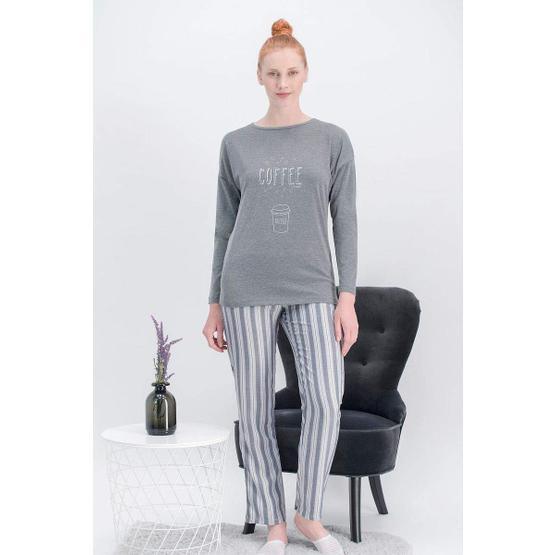 Arnetta Stripe Coffee Koyu Gri Melanj Kadın Pijama Takımı Kadın Pijama Fiyatı