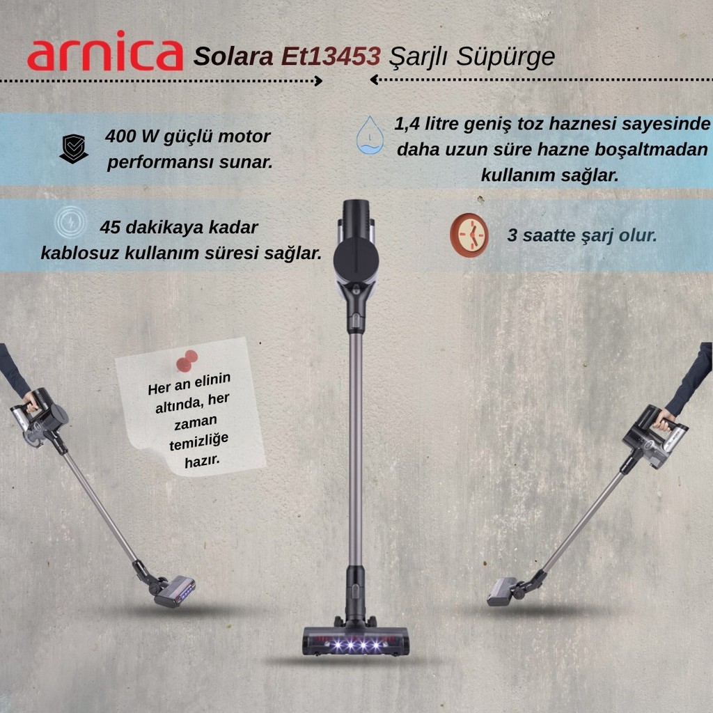 Arnica Solara ET13453 Şarjlı Süpürge - Siyah Şarjlı Süpürgeler Fiyatı