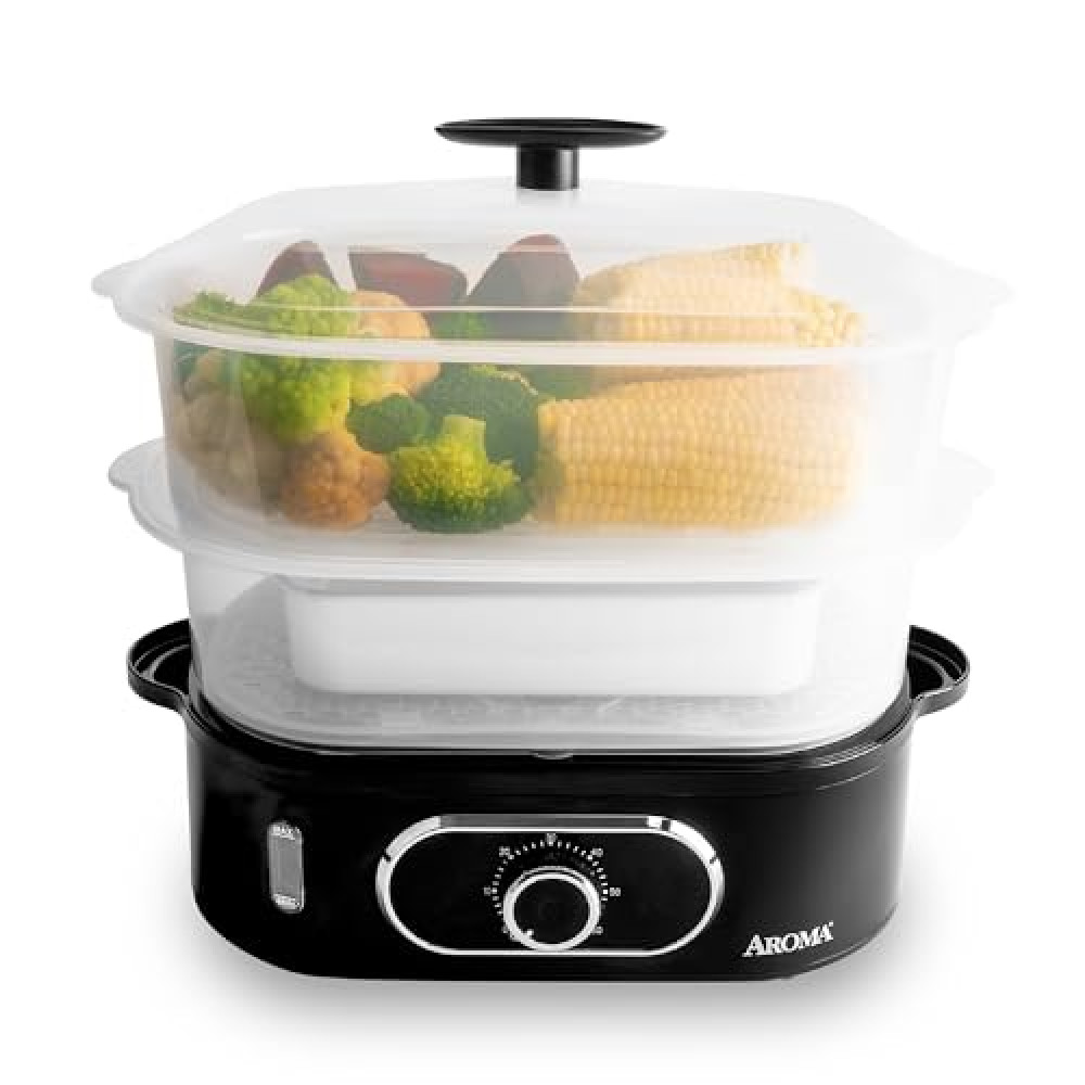 AROMA® Double Food Steamer Basket and Electric Rice Steamer with Easy-Read Water Level and Timer