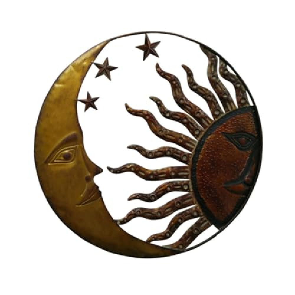 arphi 21 Inch Handcrafted Sun and Moon Accent Wall Decor, Round Metal Wall Mount, Rustic Gold, Bronze