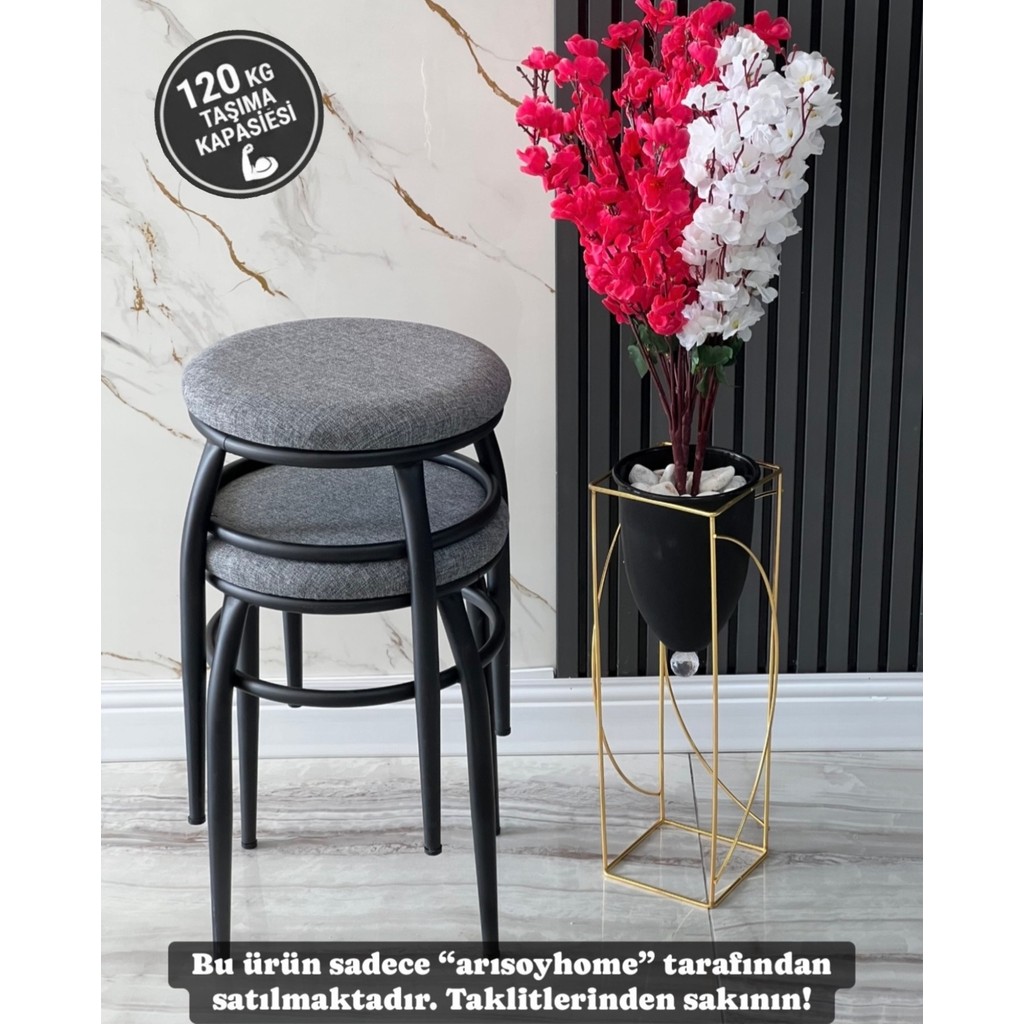 Ars 2 Adet Demir Ayaklı Tabure, Siyah Ayaklı Kumaş Tabure,mutfak Tabure, Tabure, Oturak, Balkon Taburesi, Sandalye - Gri - Siyah Standart Sandalye Fiyatı