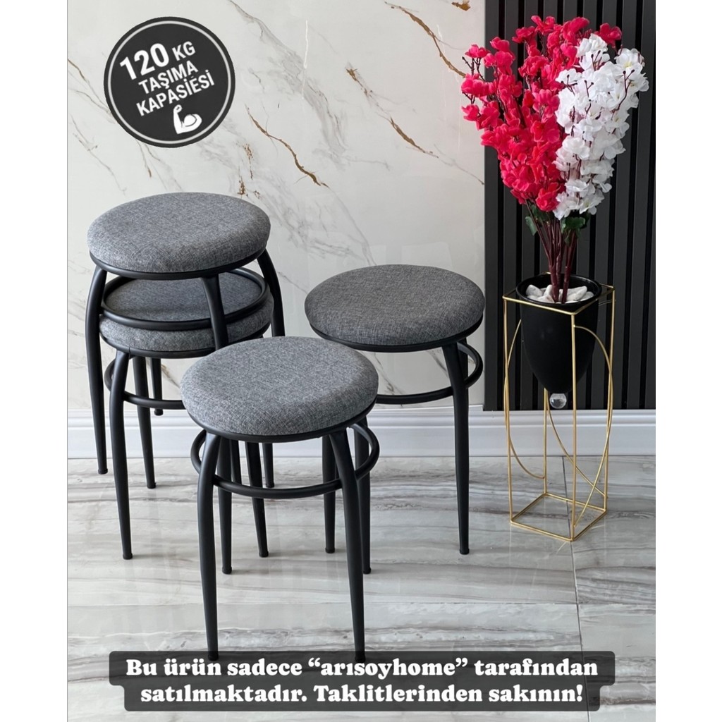 Ars 4 Adet Demir Ayaklı Tabure,gri Tabure, Mutfak Balkon Taburesi, Kumaş Tabure, Tabure, Oturak, Sandalye - Gri - Siyah Standart Sandalye Fiyatı