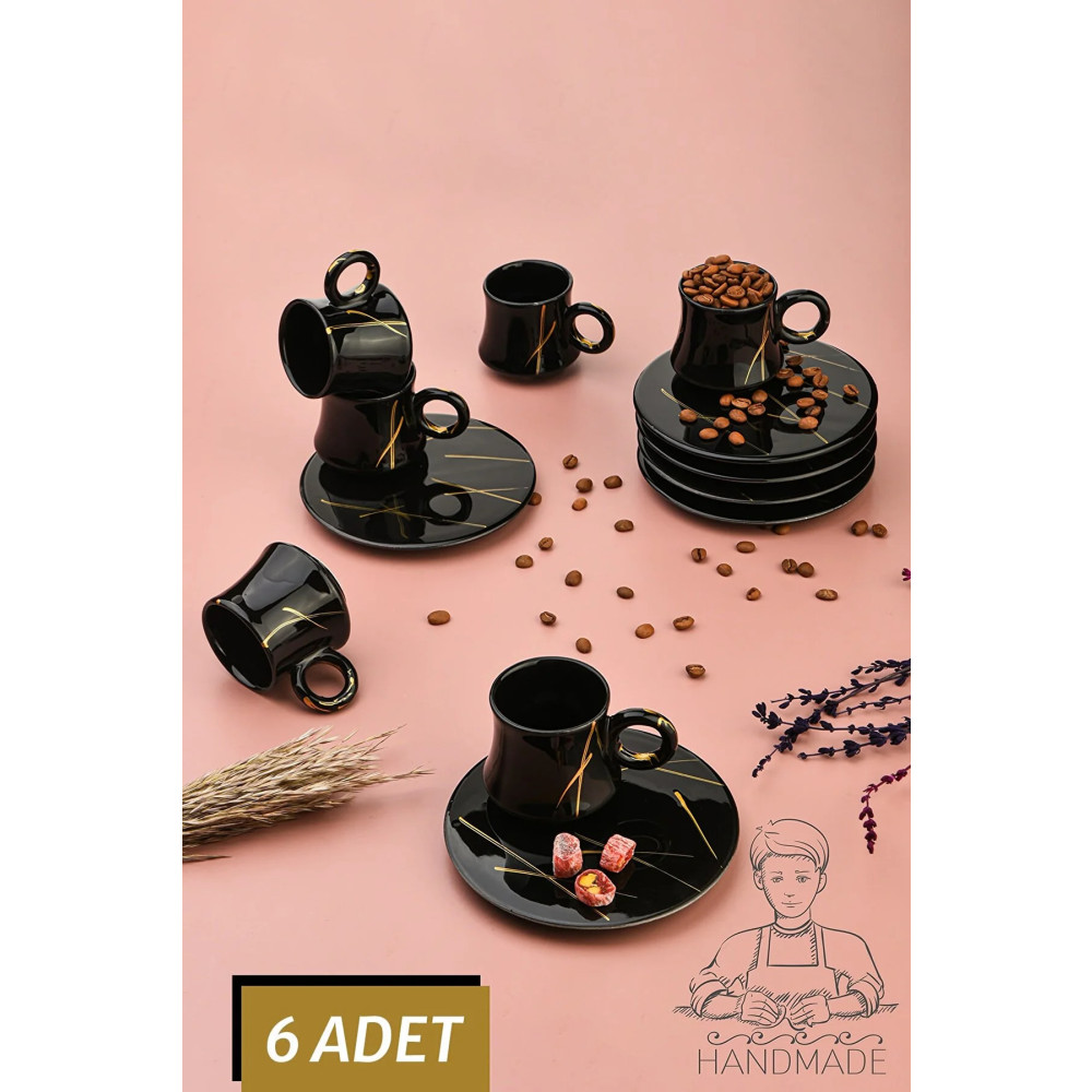 Arsim Home Siyah Yuvarlak Sunum Tabaklı 6 Kişilik Fincan Takımı Fincan / Bardak / Kahve Takımı Fiyatı