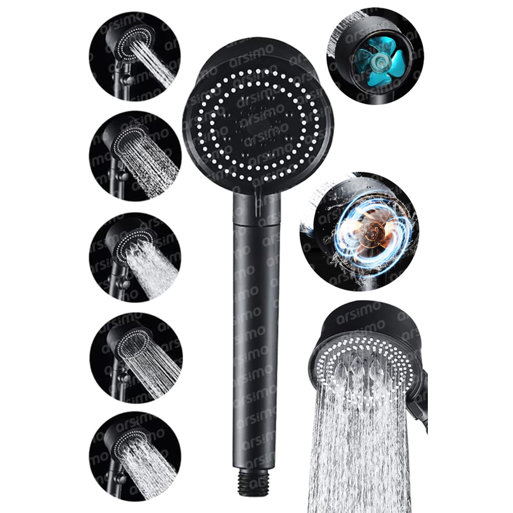 Arsimo Turbo Fan Pervaneli 5 Fonksiyonlu Su Tasarruflu Duş Başlığı | Pervaneli Turbo El Duşu Siyah Duşakabin Fiyatı