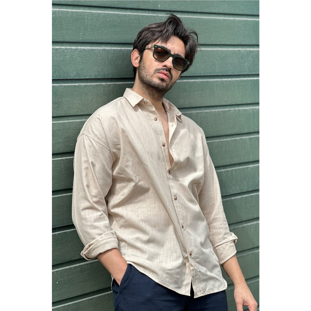Arsiyan Fashion Erkek Bej Keten Oversize Bol Kalıp Yazlık Gömlek Yaka Gömlek S Beden Kadın Gömlek Fiyatı