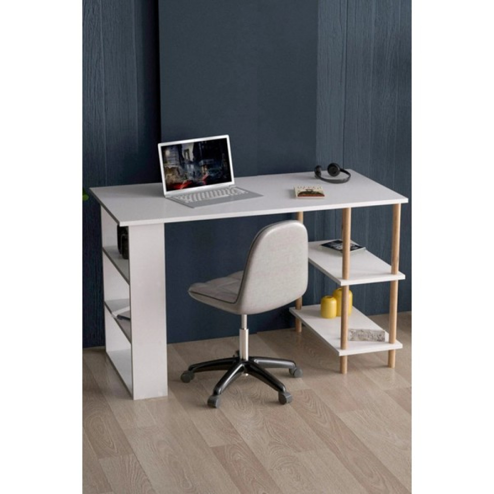 Arsuby Çalışma Masası Bilgisayar Masası Ofis Ders Masası 4 Raflı Ahşap Ayaklı - 60 x 120 - Beyaz Çalışma Masası Fiyatı