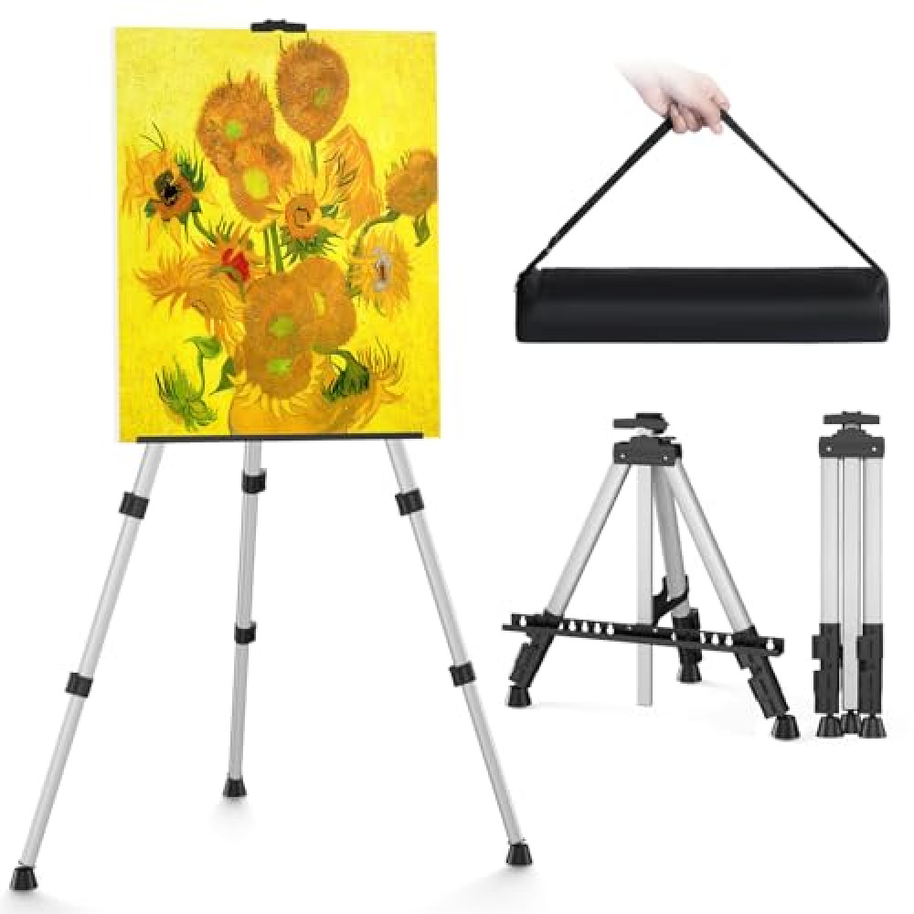 Art Painting Easel Stand, Portable Adjustable Display Tripod Artist Floor Metal Easel with 1 Bag for Table-top/Floor Drawing, Height from 17 to 66 inches, Sturdy for Canvases Displaying - Silver Easel Fiyatı